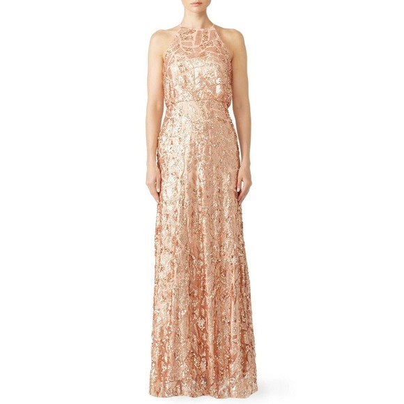 Donna Morgan Tiffany Sequin Dress Rose Gold Halter - Picture 1 of 11